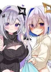 2girls :3 alternate_costume amane_kanata amane_konata angel angel_wings anger_vein bare_shoulders black_halo black_sweater blush breasts cleavage cleavage_cutout clothing_cutout cowboy_shot double_w grey_hair halo highres hololive ichipon1515 long_hair multicolored_hair multiple_girls pov purple_eyes purple_hair short_hair siblings simple_background sisters star_halo streaked_hair sweater twins two-tone_hair two_side_up virtual_youtuber w white_background white_sweater wings yellow_halo