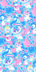artist_name blue_background blue_flower blush_stickers bow bowtie commentary corsola creatures_(company) ditto dratini english_commentary flaaffy flower galarian_form galarian_ponyta game_freak gen_1_pokemon gen_2_pokemon gen_4_pokemon gen_6_pokemon gen_8_pokemon heart heart_in_eye highres limited_palette marill mouse_(animal) nintendo no_humans notice_lines open_mouth pachirisu pink_bow pink_bowtie pink_flower pokemon pokemon_(creature) smile sparkle starsalts sylveon symbol_in_eye togepi transgender_flag unicorn
