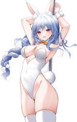 1girl :d absurdres alternate_costume animal_ear_fluff animal_ears armpits arms_up blue_hair blush bow bowtie braid braided_ponytail breasts cleavage commentary covered_navel detached_collar double-parted_bangs hair_between_eyes hair_bow highleg highleg_leotard highres hikimayu hololive large_breasts leotard linea_alba long_hair mature_female multicolored_hair open_mouth pekomama playboy_bunny pole_dancing rabbit_ears rabbit_girl rabbit_tail red_eyes short_eyebrows sidelocks simple_background skindentation smile solo standing strapless strapless_leotard streaked_hair tail thick_eyebrows thighhighs traditional_bowtie virtual_youtuber white_background white_bow white_hair white_leotard white_thighhighs wrist_cuffs yellow_bow yellow_bowtie yukineko1018