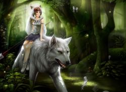 1990s_(style) 1girl animal arms_at_sides forest jewelry kodama mononoke_hime nature necklace polearm realistic retro_artstyle riding san_(mononoke_hime) spear studio_ghibli syncaidia tooth_necklace weapon wolf