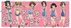 6+girls alternate_costume alternate_hairstyle ass bikini black_hair blonde_hair blue_bikini blue_eyes blue_hair blue_shorts blush breasts brown_eyes brown_hair butterfly_hair_ornament cleavage closed_mouth collarbone denim_overalls double_bun flip-flops flower freckles front-tie_bikini_top front-tie_top full_body girls_und_panzer glasses grey_eyes grey_overalls grey_shoes grin hair_bun hair_flower hair_ornament hair_up halterneck hands_on_own_head highres jumping long_hair looking_at_viewer maruyama_saki medium_breasts multiple_girls navel no_panties one_eye_closed oono_aya open_clothes open_shorts outline overalls pink_background pink_bikini purple_bikini rabbit_team sakaguchi_karina sandals sawa_azusa shoes short_hair shorts side-tie_bikini_bottom simple_background small_breasts smile sneakers sparkle standing standing_on_one_leg striped_bikini striped_clothes swimsuit takahashi_kurage thigh_strap twintails utsugi_yuuki white_bikini white_outline yamagou_ayumi yellow_bikini