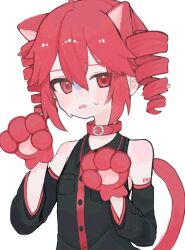 1girl ahoge animal_ears animal_hands bare_shoulders black_shirt black_skirt black_sleeves blush breast_pocket cat_ears cat_paws cat_tail collar detached_sleeves drill_hair edari0419 hair_between_eyes highres kasane_teto kasane_teto_(utau) long_sleeves looking_at_viewer number_tattoo open_mouth peanut_mouth pocket red_collar red_eyes red_hair red_tail shirt simple_background skirt sleeveless solo sweatdrop tail tattoo twin_drills upper_body utau white_background
