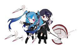 2girls amemiya_darumi axe battle_axe black_boots black_bow black_hair black_skirt blood bloody_tears blue_hair boots bow chibi earrings hands_up holding holding_knife jewelry knife last_defense_academy_school_uniform long_hair looking_at_viewer looking_back multicolored_hair multiple_girls pink_eyes purple_hair red_eyes shizuhara_hiruko skirt the_hundred_line_-last_defense_academy- twintails weapon white_background