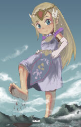 1girl absurdres armpits barefoot belt belted_dress blonde_hair blue_eyes breasts child clothes_lift day destruction dirty dirty_feet dress dress_lift elbow_gloves eyeshadow feather_hair_ornament feet feet_up female_focus forehead_jewel full_body giant giantess gloves greek_toe hair_ornament happy highres jewelry knees legs lifting_own_clothes lodain long_dress long_hair looking_down lots_of_jewelry makeup mountainous_horizon neck necklace nintendo outdoors pearl_necklace pink_dress pointy_ears princess_zelda sidelocks sky sleeveless sleeveless_dress small_breasts smile soles stepping swept_bangs tabard the_legend_of_zelda the_legend_of_zelda:_spirit_tracks tiara toes toon_zelda white_gloves
