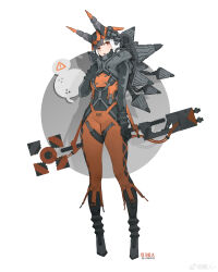 1girl absurdres arm_at_side arrow_(symbol) barcode black_bodysuit bodysuit chinese_commentary commentary_request covered_navel drop_shadow expressionless full_body grey_background grey_horns groin headgear highres horns liren44 looking_at_viewer machine mechabare mechanical_horns open_mouth orange_bodysuit orange_horns original red_eyes science_fiction skin_tight solo strap twitter_username watermark weibo_watermark white_background white_hair