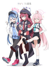 +++ 3girls absurdres ahoge antenna_hair armband black_shoes black_skirt blue_archive blue_hair blue_halo blue_hat blue_necktie blue_skirt boots commentary expressionless flying_sweatdrops fubuki_(blue_archive) full_body hair_between_eyes halo hat highres hoshino_(blue_archive) iroha_(blue_archive) jacket leg_up locked_arms long_hair looking_at_viewer maton_3110 multiple_girls necktie open_mouth peaked_cap pink_hair pink_halo pink_shoes plaid_clothes plaid_skirt red_armband red_eyes red_hair red_necktie shoes simple_background skirt smile sneakers translation_request twintails walking white_background white_jacket