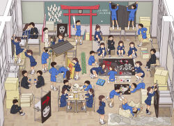 6+boys 6+girls black_jacket black_pants blue_jacket blue_shorts blue_skirt box cardboard_box chalkboard classroom clothes_lift commentary desk drawing_(action) jacket kiss kiyo_(kyokyo1220) male_underwear multiple_boys multiple_girls original panties pants pantyshot school_desk school_festival school_uniform shorts sitting skirt skirt_lift underwear white_male_underwear white_panties