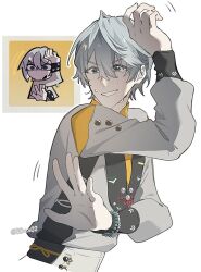 1boy 30x_x02 arm_up bead_bracelet beads bracelet chinese_clothes commentary_request green_eyes grey_hair hair_between_eyes highres jewelry long_sleeves male_focus nervous_smile official_alternate_costume reference_inset smile solo sweat twitter_username wise_(soaring_crane)_(zenless_zone_zero) wise_(zenless_zone_zero) zenless_zone_zero