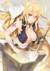 Rule 34 | 1girl, bare shoulders, blonde hair, book, closed mouth, earrings, fate/grand order, fate (series), genderswap, genderswap (mtf), gilgamesh-ko, gilgamesh (fate), gloves, glowing, hair between eyes, holding, holding weapon, jewelry, long hair, open book, patipat asavasena, red eyes, smile, tattoo, weapon