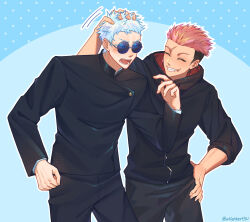 Rule 34 | 2boys, aged down, aged up, black hair, black pants, blue background, blue eyes, closed eyes, closed mouth, commentary, cowboy shot, facing another, gojou satoru, hand on own hip, highres, hood, itadori yuuji, jujutsu kaisen, jujutsu tech uniform, long sleeves, male focus, multiple boys, open mouth, pants, pink hair, round eyewear, scar, scar across eyebrow, scar on face, scar on mouth, short hair, sleeves pushed up, smile, teeth, tongue, undercut, whishkert5u, white hair