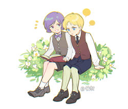 2boys aged_down artist_name black_necktie blank_speech_bubble blonde_hair blue_eyes blue_shorts book brown_eyes brown_shoes brown_shorts brown_vest center_frills char_aznable child chinese_commentary collared_shirt commentary_request flower frills garma_zabi grass grey_shoes grey_vest grin gundam hand_rest highres holding holding_book kucha_(ynn6c) loafers long_sleeves looking_at_another male_focus mobile_suit_gundam_the_origin multiple_boys necktie open_book outline parted_lips purple_hair shirt shoes short_hair shorts signature simple_background sitting smile socks speech_bubble vest white_background white_flower white_shirt white_socks wing_collar yellow_outline yellow_socks
