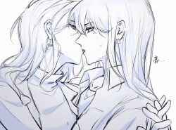 2girls absurdres bang_dream! bang_dream!_it&#039;s_mygo!!!!! blood blood_from_mouth blue_eyes chinese_commentary collared_shirt commentary_request earrings eye_contact greyscale hero45439083942 highres holding_hands interlocked_fingers jewelry kiss long_hair looking_at_another monochrome multiple_girls nagasaki_soyo necklace purple_eyes shiina_taki shirt spot_color sweatdrop sweater translation_request turtleneck turtleneck_sweater upper_body yuri