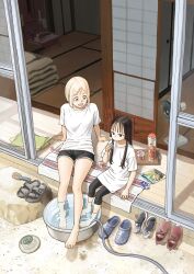 2girls :d absurdres age_difference amano_saku arm_support bare_legs barefoot black_eyes black_hair black_leggings black_shorts blonde_hair brown_eyes closed_mouth cover cover_page cup day drink food from_above hasegawa_minato highres hime_cut hotei_ran japanese_house leggings long_hair manga_cover multiple_girls official_art open_mouth sabotage_summer shirt short_hair short_shorts short_sleeves shorts sidelocks sitting smile summer t-shirt tatami tea thighs toes wagashi water white_shirt window