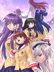 Rule 34 | 00s, 6+girls, :d, black hair, blue hair, brown eyes, brown hair, clannad, expressionless, floating, fujibayashi kyou, furukawa nagisa, garbage doll, girl from the illusionary world, hairband, humanoid robot, ibuki fuuko, ichinose kotomi, long hair, long sleeves, multiple girls, open mouth, ponytail, purple eyes, purple hair, red hair, robot, sakagami tomoyo, school uniform, serafuku, sidelocks, silver hair, smile, very long hair, wind, zen