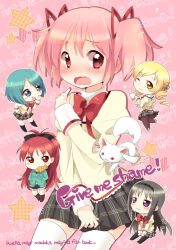 Rule 34 | 5girls, black skirt, blonde hair, blue eyes, blue hair, bow, chibi, closed mouth, cup, drill hair, embarrassed, english text, engrish text, food in mouth, hands in pockets, holding, holding cup, jitome, juliet sleeves, kaname madoka, kyubey, long sleeves, mahou shoujo madoka magica, miki sayaka, multiple girls, pink hair, plaid clothes, plaid skirt, ponytail, puffy sleeves, ranguage, red bow, red eyes, red hair, sakura kyoko, shirt, skirt, star (symbol), tarabagani, thighhighs, tomoe mami, twin drills, white shirt, white thighhighs, yellow eyes