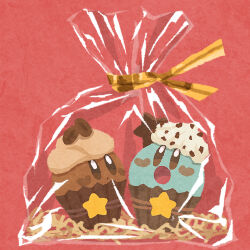 :o bag blush_stickers brown_eyes chocolate commentary cupcake food heart-shaped_blush_stickers kirby kirby_(series) miclot mint_chocolate nintendo no_humans open_mouth red_background valentine