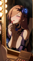 1boy 1girl \||/ absurdres applying_makeup bare_shoulders black_shirt blue_flower blue_rose blurry breasts brown_hair chinese_commentary cleavage flower hair_flower hair_ornament hair_over_one_eye heart highres honkai_(series) honkai_impact_3rd indoors large_breasts light lipstick long_bangs long_hair looking_at_mirror makeup mirror mole mole_under_eye open_mouth parted_bangs pink_eyes rita_rossweisse rita_rossweisse_(fallen_rosemary) rose ruo_zhishi_chu_jian sagging_breasts shadow shirt short_sleeves