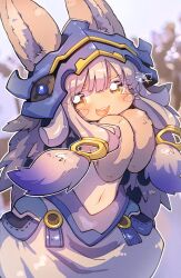1other animal_ears bandam blush body_fur brown_fur ears_through_headwear furry hands_up helmet highres long_hair made_in_abyss nanachi_(made_in_abyss) narehate navel open_mouth other_focus puffy_pants rabbit_ears smile solo teeth upper_teeth_only white_hair yellow_eyes