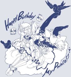 Rule 34 | 2017, 2girls, 3girls, alternate costume, armor, armored dress, bare shoulders, bird, boots, bow, braid, breasts, cape, chain, cleavage, closed eyes, closed mouth, corrin (fire emblem), crown, detached sleeves, dress, dual persona, elbow gloves, english text, feathers, frills, full body, giuniu, gloves, greaves, grey background, hair bow, hair ornament, heart, high heels, holding hands, jeanne d&#039;arc (fate), jewelry, kiss, large breasts, limited palette, long hair, long sleeves, looking at another, looking at viewer, maid, maid headdress, marigan raven, medium breasts, monochrome, multiple girls, non-web source, one eye closed, queen mary (uchihime), short hair, short sleeves, siblings, simple background, sisters, sitting, skirt, sleeping, smile, standing, thigh boots, thighhighs, tiara, uchi no hime-sama ga ichiban kawaii, very long hair, yuri, zettai ryouiki