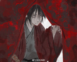 1boy bags_under_eyes black_eyes black_hair black_hanfu black_nails chinese_clothes closed_mouth coat curtain_grab curtains dao_gui_yi_xian hair_between_eyes hand_up hanfu highres li_huowang long_hair long_sleeves looking_at_viewer male_focus nail_polish open_clothes open_coat red_coat red_theme robe rong_mao_hai_dan rope_marks solo upper_body watermark weibo_watermark wide_sleeves