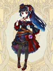 1girl black_dress black_hair black_hat black_pantyhose bow criss-cross_halter dairoku_ryouhei dress dress_bow dress_ribbon flower hair_bow hair_flower hair_ornament halo_sierra halterneck hat hat_flower high_heels highres long_hair mameno_k mini_hat pantyhose ponytail red_bow red_eyes red_ribbon red_shoes ribbon shoes smile solo yellow_background
