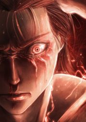 absurdres angry black_hair blood brown_hair close-up electricity eren_yeager facial_mark facial_scar hair_pulled_back hair_slicked_back highres lightning long_hair male_focus muscular nosebleed portrait realistic red_eyes scar scar_across_eye scar_on_cheek scar_on_face serious shingeki_no_kyojin solo sucubuss_art titan_shifter_scars topless_male veins