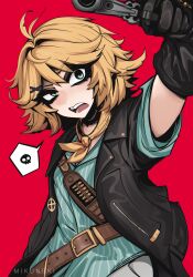 1girl absurdres aiming aiming_at_viewer aqua_shirt arm_up artist_name bandolier belt black_eyeliner black_jacket blonde_hair brown_belt commentary dokibird_(vtuber) dokibird_(vtuber)_(bounty_hunter) eyelashes eyeliner feather_hair green_eyes gun hair_ornament handgun hashtag-only_commentary highres holding holding_gun holding_weapon indie_virtual_youtuber jacket leather_belt makeup mikuneki neckerchief open_mouth orange_neckerchief red_background revolver shirt simple_background sleeves_rolled_up solo speech_bubble spoken_skull striped_clothes striped_shirt teeth upper_teeth_only v-shaped_eyebrows vertical-striped_clothes vertical-striped_shirt virtual_youtuber weapon x_hair_ornament