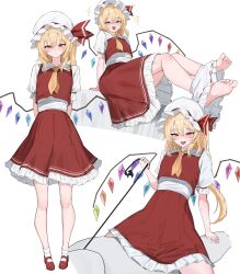 +++ 1boy 1girl 258n :d absurdres arm_support arms_behind_back barefoot blonde_hair bloomers bloomers_pull blush collared_shirt feet flandre_scarlet frilled_skirt frills full_body girl_on_top hat hat_ribbon highres holding holding_leash implied_sex leash long_hair looking_at_viewer mob_cap multiple_views necktie open_mouth puffy_short_sleeves puffy_sleeves red_eyes red_ribbon red_shoes red_skirt red_vest ribbon shirt shoes short_sleeves simple_background sitting skirt smile socks touhou underwear underwear_around_leg vest white_background white_bloomers white_hat white_shirt white_socks wings yellow_necktie