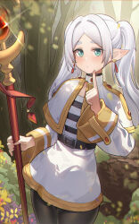 1girl absurdres bei_qi belt belt_buckle black_belt black_pantyhose blush buckle capelet closed_mouth commentary_request day earrings elf forest frieren green_eyes grey_hair hand_up highres holding holding_staff jewelry long_sleeves nature orb outdoors pantyhose pointy_ears shirt short_eyebrows skirt solo sousou_no_frieren staff striped_clothes striped_shirt thick_eyebrows tree twintails white_capelet white_skirt wide_sleeves