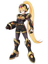 1girl absurdres alternate_costume alternate_eye_color arm_cannon armored_boots belt biometal blonde_hair body_armor bodystocking boots breasts ciel_(mega_man) commission commissioner_upload elbow_pads eyelashes facial_mark forehead_jewel full_body gauntlets gloves helmet highres knee_pads long_bangs long_hair mechanical_ears mega_man_(series) mega_man_zero_(series) mega_man_zx non-web_source petite ponytail shorts shoulder_pads small_breasts transparent_background uta_guipiy weapon x-kai_(mega_man)
