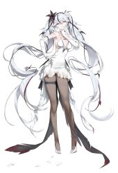 1girl absurdres alternate_costume bare_shoulders black_eyes black_flower breasts camellya_(wuthering_waves) commentary dress elbow_gloves flower full_body gloves grey_pantyhose hair_between_eyes hair_flower hair_ornament hand_on_own_hip hashtag-only_commentary high_heels highres large_breasts long_hair looking_at_viewer pantyhose parted_lips red_pupils rose simple_background sketch smile solo twintails very_long_hair white_background white_dress white_flower white_gloves white_hair white_rose wuthering_waves youngjoo_kjy