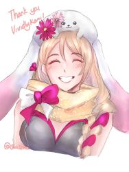 1girl animal_hat blonde_hair braid braided_ponytail breasts commission commissioner_name expressive_clothes fire_emblem fire_emblem_engage fire_emblem_heroes flower_ornament framme_(fire_emblem) framme_(spring)_(fire_emblem) grin hair_over_shoulder hat highres medium_breasts nintendo official_alternate_costume pink_hair polka_dot polka_dot_scarf rabbit_hat scarf smile solo thank_you twitter_username vgen_commission yellow_scarf yumikari07