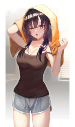 1girl absurdres alternate_costume arisyooon armpit_crease black_tank_top border breasts cleavage commentary_request cowboy_shot crossed_bangs dolphin_shorts grey_shorts hair_between_eyes highres ichinose_uruha lupinus_virtual_games navel one_eye_closed open_mouth outside_border purple_eyes short_shorts shorts solo strap_slip tank_top towel towel_on_head virtual_youtuber vspo! white_border wolf_cut