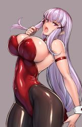 Rule 34 | 1girl, armlet, black pantyhose, bow, bowtie, breasts, cleavage, covered erect nipples, covered navel, cowboy shot, curvy, detached collar, enjou sakuya, female focus, grey background, hair ornament, hair ribbon, highleg, highleg leotard, highres, huge breasts, jewelry, leotard, light purple hair, long hair, looking at viewer, low-tied long hair, open mouth, original, pantyhose, playboy bunny, purple eyes, red leotard, ribbon, rindou (radical dream), shiny clothes, sidelocks, simple background, skin tight, solo, strapless, strapless leotard, sweatdrop, thighs, tress ribbon, wrist cuffs, x hair ornament