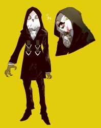 1boy bird_boy black_coat blood blood_on_face brown_eyes claws coat commentary_request full_body furry furry_male hood hood_up hooded_coat looking_at_viewer male_focus multiple_views newo_(shinra-p) original owl_boy simple_background yellow_background yellow_eyes