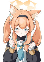 1girl absurdres animal_ear_fluff animal_ears black_hairband blue_archive blue_eyes blue_neckerchief blush cat_ears cat_girl commentary_request flower grabbing_own_hair gre2018 hair_flower hair_ornament hairband halo highres holding holding_own_hair long_hair long_sleeves looking_at_viewer mari_(blue_archive) neckerchief orange_hair simple_background solo twintails upper_body white_background