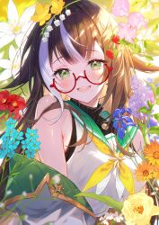 1girl bare_shoulders black_sweater blue_flower breasts brown_hair first_stage_production flower glasses green_eyes green_sailor_collar highres ichikawa_haru long_hair looking_at_viewer medium_breasts open_mouth red-framed_eyewear round_eyewear sailor_collar school_uniform serafuku shikimori_kotori shirt sleeveless sleeveless_shirt sleeveless_sweater smile solo sweater upper_body virtual_youtuber white_hair white_shirt yellow_flower