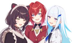 3girls :d absurdres ange_katrina ange_katrina_(1st_costume) animal_ears animal_hair_ornament blue_eyes blue_hair blue_neckerchief blunt_bangs blush brown_hair brown_kimono cardigan colored_inner_hair commentary_request dog_ears eyelashes fangs flower frills group_picture hair_between_eyes hair_flower hair_intakes hair_ornament head_tilt heterochromia highres inui_toko inui_toko_(1st_costume) inumoto jacket japanese_clothes kimono lize_helesta lize_helesta_(1st_costume) long_hair looking_at_viewer low_twintails maid_headdress medium_hair multicolored_hair multiple_girls neckerchief nijisanji open_mouth purple_eyes red_cardigan red_eyes red_hair sanbaka_(nijisanji) sidelocks simple_background smile streaked_hair teeth triangle_hair_ornament twintails two-tone_hair upper_body virtual_youtuber white_background white_hair white_headdress white_jacket yellow_eyes