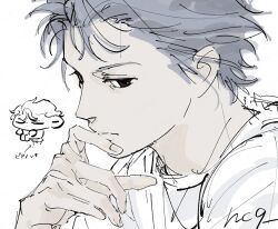 Rule 34 | 1boy, brown eyes, closed mouth, expressionless, finger to mouth, grey hair, highres, looking to the side, male focus, n9c4z, shirt, shitara seiji, sketch, solo, tokimeki memorial, wavy hair, white background, white shirt
