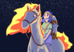 Rule 34 | 1girl, blue eyes, blue hair, gen 1 pokemon, growlithe, headband, lara laramie, nintendo, pokemon, pokemon (anime), pokemon (classic anime), pokemon ep033, ponytail, rapidash, reins, riding, riding pokemon, shorts, shoulder belt, sky, star (sky), starry sky