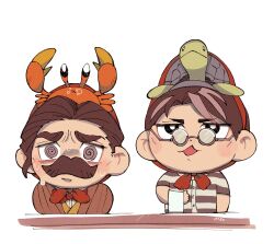 Rule 34 | 2boys, @ @, ace attorney, artist name, black eyes, bow, bowtie, bright pupils, brown eyes, brown hair, character request, chibi, crab, facial hair, hand up, highres, hiss jararaca, male focus, multicolored hair, multiple boys, mustache, nintendo, on head, open mouth, pokemon, pokemon (creature), pokemon on head, red bow, red bowtie, round eyewear, satoru hosonaga, shirt, short hair, soseki natsume, streaked hair, striped clothes, striped shirt, sweat, the great ace attorney, thick eyebrows, white background, white pupils