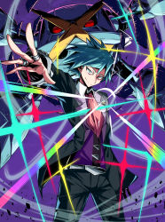 1boy belt black_jacket black_pants black_suit blue_eyes blue_hair closed_mouth collared_shirt cowboy_shot formal_clothes gen_3_pokemon gotcha! highres jacket jewelry looking_at_viewer mega_metagross mega_pokemon metagross necktie nintendo open_clothes open_jacket outstretched_arm pants pokemon pokemon_(creature) pokemon_oras purple_shirt red_neckwear ring shimure_(460) shirt short_hair smile standing steven_stone suit