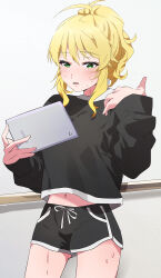 1girl absurdres black_shirt blonde_hair blush cowboy_shot dolphin_shorts green_eyes hands_up highres holding hoshii_miki idolmaster idolmaster_(classic) indoors katsu_(kana) long_sleeves looking_at_object midriff_peek navel ponytail shirt short_shorts shorts solo standing sweat