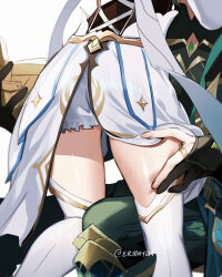 1boy 1girl alhaitham_(genshin_impact) black_gloves bloomers book couple dress eriimyon genshin_impact gloves hand_on_another&#039;s_thigh hetero highres lumine_(genshin_impact) partially_fingerless_gloves simple_background thighs underwear white_background white_bloomers white_dress