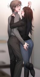 Rule 34 | 2girls, angry, black hair, blush, boots, brown hair, closed eyes, grabbing another&#039;s ass, groping, highres, lips, long hair, multiple girls, open mouth, original, pants, passionyurilove, rangrarii, shirt, short hair, simple background, smile, t-shirt, yuri