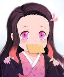 1girl brown_hair child commentary_request food forehead gradient_hair japanese_clothes kamado_nezuko kimetsu_no_yaiba kimono mouth_hold multicolored_hair mushi_gyouza pink_eyes pink_hair pink_kimono portrait solo wafer