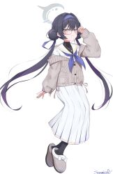 1girl black_hair black_undershirt blue_archive braid braided_bun cardigan cosplay double_bun grey_cardigan grey_eyes grey_halo hair_between_eyes hair_bun hairband halo highres jewelry kisaki_(blue_archive) long_hair long_skirt long_sleeves looking_at_viewer neckerchief necklace pleated_skirt purple_hairband purple_neckerchief sazamiso_rx school_uniform serafuku skirt slippers smile solo twintails ui_(blue_archive) ui_(blue_archive)_(cosplay) very_long_hair white_serafuku white_skirt
