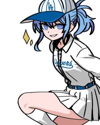 0th_generation_(hololive) 1girl baseball_cap becauseimajinx belt blue_eyes blue_hair breasts collared_shirt diamond_(shape) eyebrows_hidden_by_hair hat highres hololive hoshimachi_suisei kneehighs leg_up looking_at_viewer los_angeles_dodgers no_pupils parted_lips pleated_skirt ponytail shirt short_hair sidelocks simple_background skirt small_breasts smile socks solo standing virtual_youtuber white_background white_shirt white_skirt white_socks