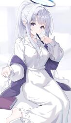 1girl absurdres blue_archive book closed_mouth commentary_request dress halo highres holding holding_pen long_hair long_sleeves looking_at_viewer mechanical_halo noa_(blue_archive) noa_(pajamas)_(blue_archive) official_alternate_costume official_alternate_hairstyle pen pu_ht puffy_long_sleeves puffy_sleeves purple_eyes purple_shawl shawl simple_background sitting smile solo very_long_hair white_background white_dress white_hair