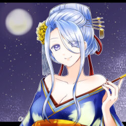 Rule 34 | 1girl, bare shoulders, blue eyes, blue hair, blue kimono, closed mouth, collarbone, commentary request, full moon, geisha, hair ornament, hair over one eye, hair stick, holding, holding smoking pipe, hoshizukiyo masamune, japanese clothes, kanzashi, kimono, marumage, moon, nihongami, niwasaki chiyo, parted bangs, sidelocks, sky, smile, smoking pipe, star (sky), starry sky, tenka hyakken, upper body